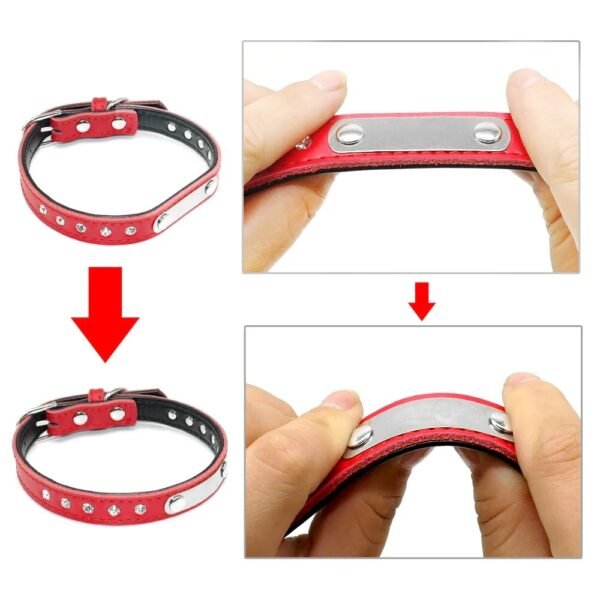 Name Plate Rhinestone Leather Dog Collar Red - Image 4